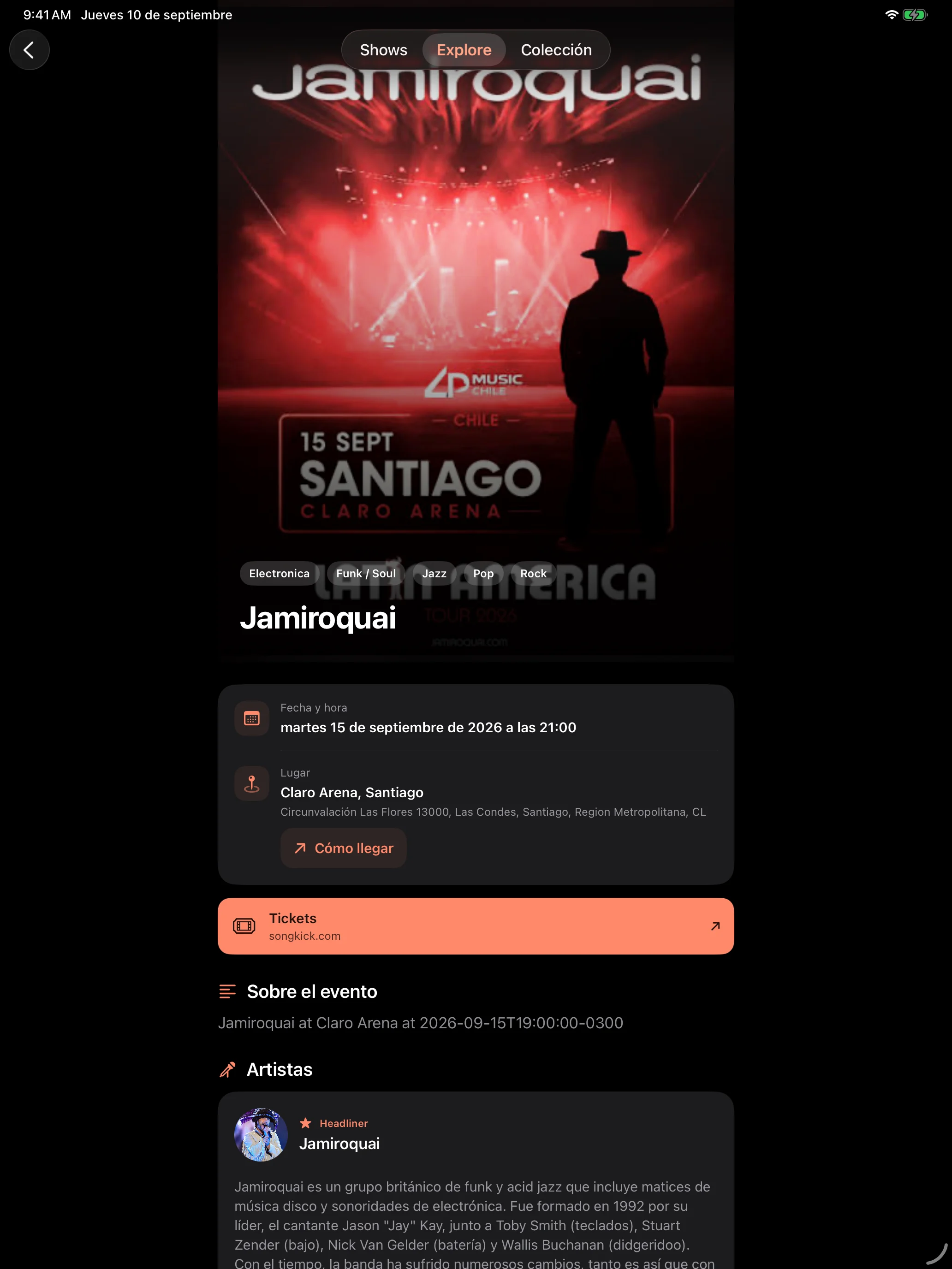 Detalle de Jamiroquai en Showkit para iPad: fecha, recinto, dirección y enlace externo a tickets.