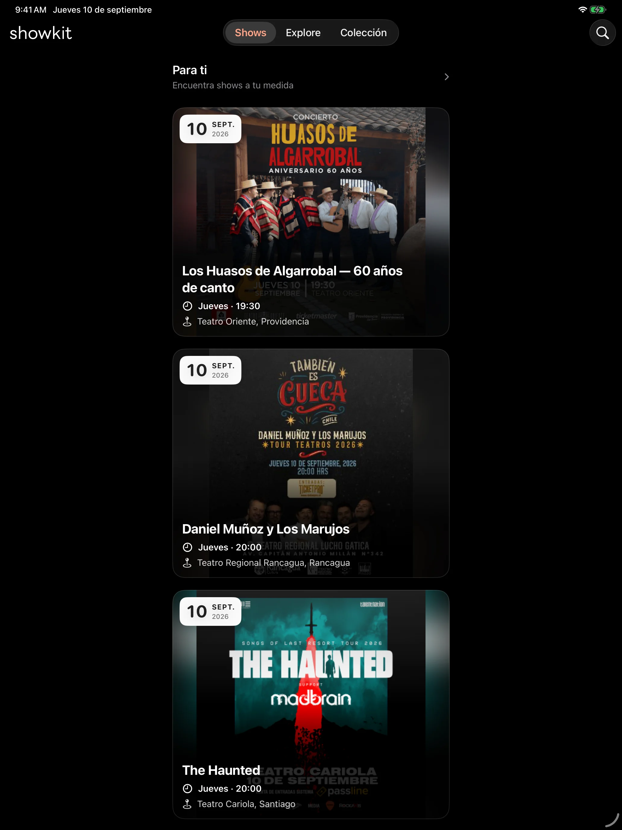Showkit en iPad: listado de conciertos con carteles, fechas y recintos.